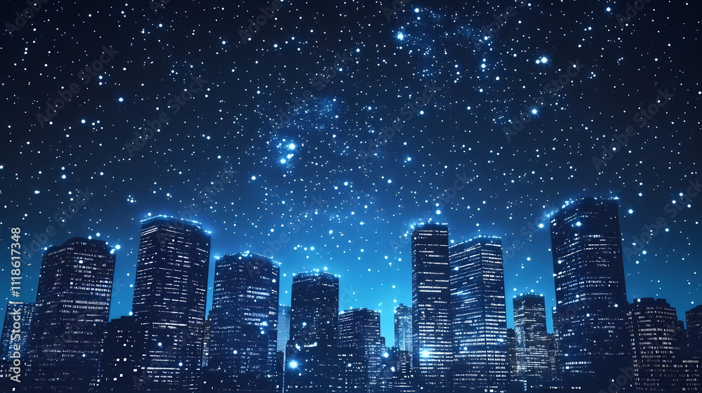 Skyscrapers against a clear starry sky, city lights glowing brightly, wide-angle perspective, dynamic and breathtaking scene. Stellar. Illustration Skyscrapers against a clear starry sky, city lights glowing brightly, wide-angle perspective, dynamic and breathtaking scene. Stellar. Illustration