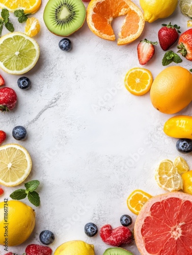 Vibrant Fruit Border: A cheerful arrangement of sliced citrus fruits, berries, and kiwi forms a vibrant border around a blank space, perfect for displaying your text or product.  