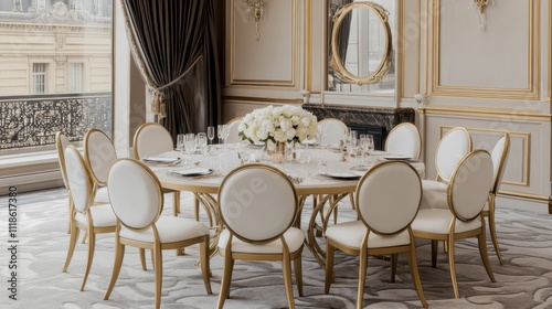 Elegant Parisian Dining Room with Round Table and White Chairs. photo