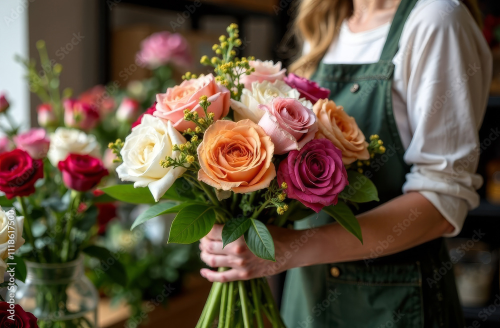 A professional female florist holds in her hands a beautiful bouquet of bright flowers against the background of a flower counter. The concept of the flower business A professional female florist holds in her hands a beautiful bouquet of bright flowers against the background of a flower counter. The concept of the flower business