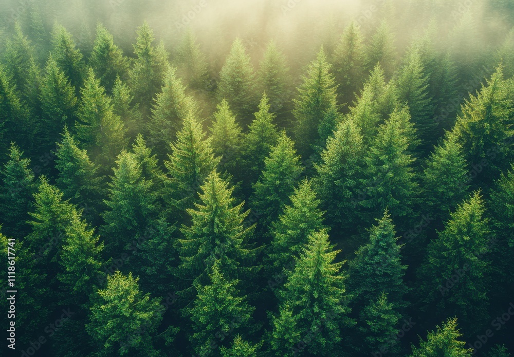 Lush Evergreen Forest Canopy in Morning Light with Mist and Dew, Capturing the Tranquility and Beauty of Nature's Greenery and Serenity