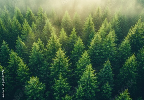 Lush Evergreen Forest Canopy in Morning Light with Mist and Dew, Capturing the Tranquility and Beauty of Nature's Greenery and Serenity