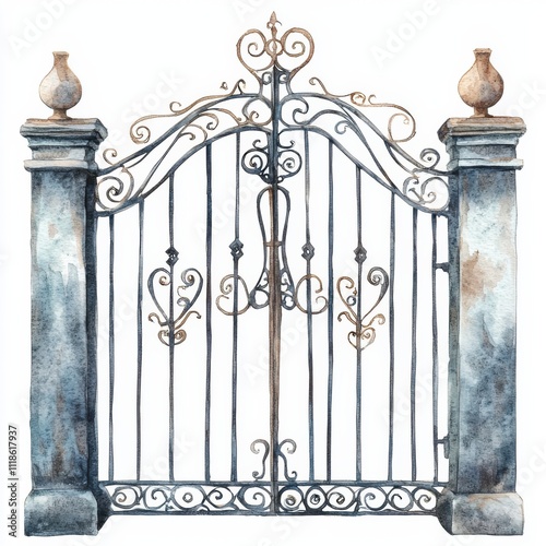 Elegant watercolor gate design outdoor garden art piece tranquil atmosphere side view serenity and beauty