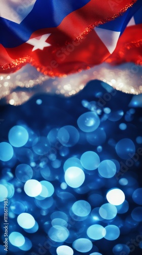 Patriotic Sparkle: A dramatic close-up of an American flag, its vibrant red, white, and blue colors shimmering against a bokeh backdrop of sparkling blue lights. Perfect for Independence Day.