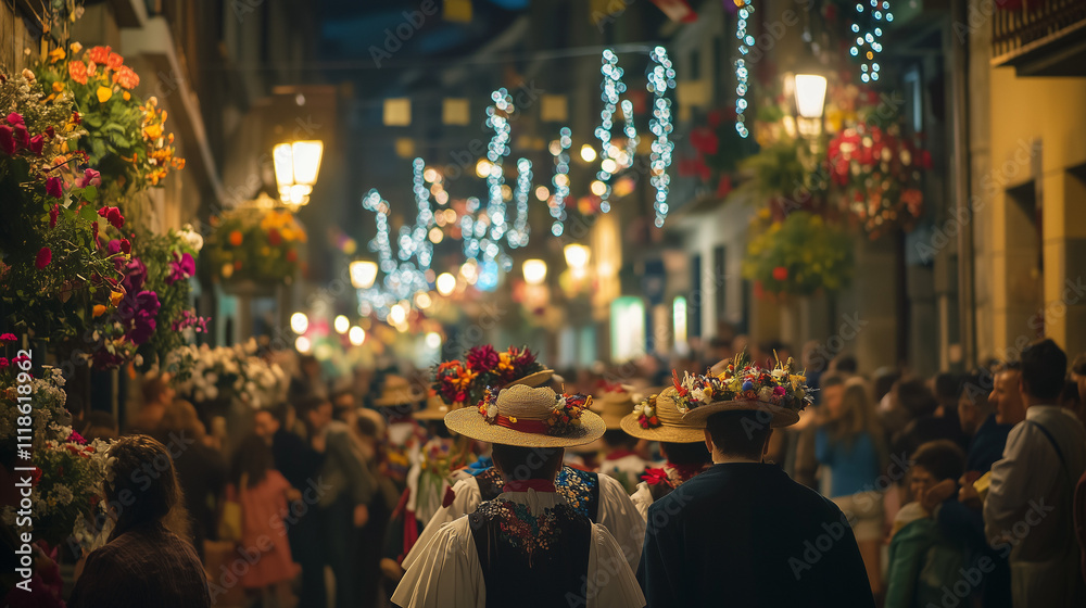 Fototapeta premium Day of San Sebastian, townspeople with traditional Basque hats walk in procession on narrow streets filled with flowers and decorations, Ai generated images