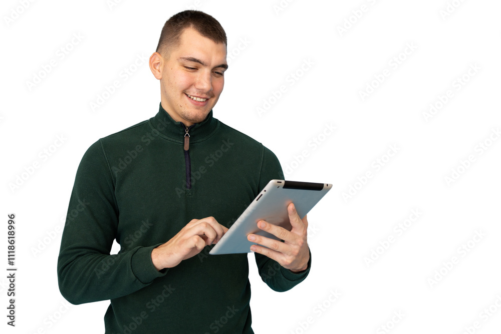 Modern entrepreneur holding a sleek tablet Modern entrepreneur holding a sleek tablet