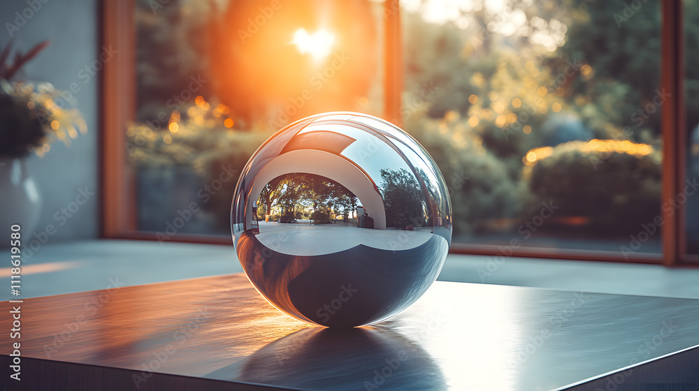 Artistic Play of Light: A Polished Aluminum Sphere on Dark Walnut Emphasizing Reflection Artistic Play of Light: A Polished Aluminum Sphere on Dark Walnut Emphasizing Reflection