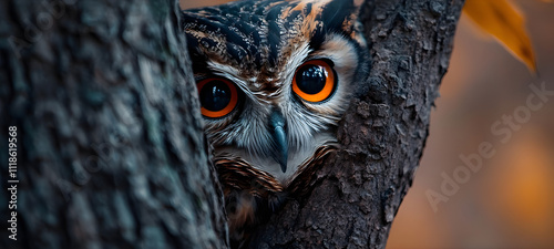 An inquisitive owl peeks from behind a tree, its remarkable orange eyes evoking a sense of mystery, alertness, and connection to the enchanting natural world.