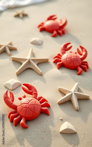 Create lifelong memories on a family beach vacation with essentials like crab sand molds and other treasures on a serene beige backdrop._00001_ photo