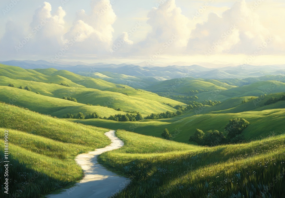 Fototapeta premium Lush Green Rolling Hills Under a Blue Sky with Soft Clouds and a Winding Pathway Through Vibrant Meadows in a Peaceful Landscape Setting