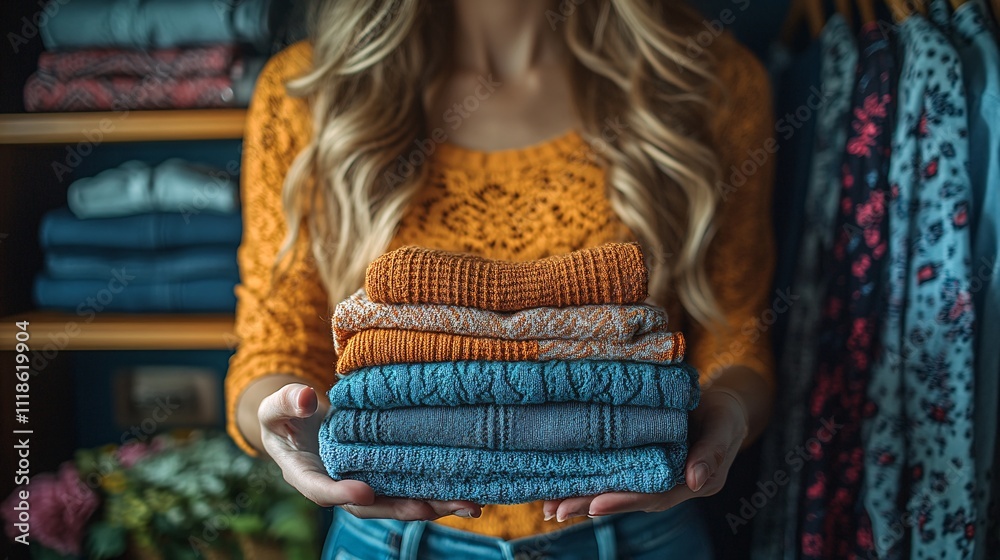 Obraz premium Close up of hands arranging clothes and accessories in fitting room