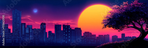 Vibrant City Sunset Silhouette - A striking city skyline is silhouetted against a colorful sunset, with a large sun, bright colors, and a solitary tree enhancing the urban landscape. photo