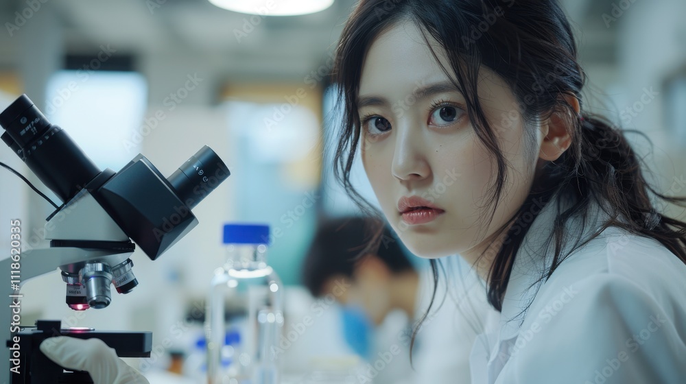 Asian female scientist analyzing petri dish samples under a microscope in a state-of-the-art pharmaceutical lab. Colleagues working on biotech research Asian female scientist analyzing petri dish samples under a microscope in a state-of-the-art pharmaceutical lab. Colleagues working on biotech research