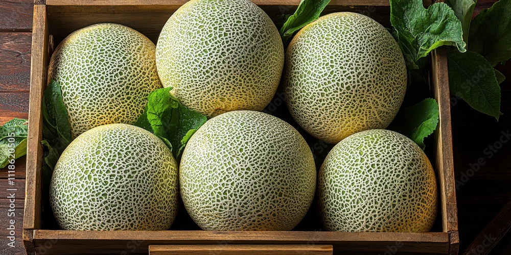Fresh and ripe melons arranged in a wooden crate with green leaves for a vibrant display in natural light Fresh and ripe melons arranged in a wooden crate with green leaves for a vibrant display in natural light