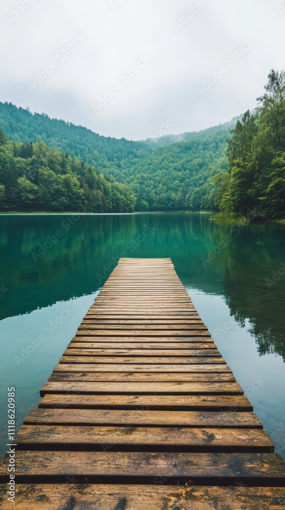 Fototapeta premium A Wooden Pathway to Serenity: A solitary wooden pier extends into a tranquil, mist-shrouded lake surrounded by verdant hills, inviting viewers to find peace and solace in nature's embrace. 