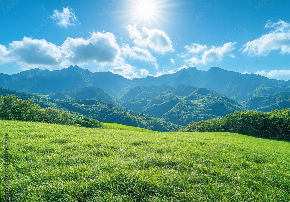 Majestic Landscape with Lush Green Hills and Majestic Mountains Under a Bright Blue Sky with Fluffy Clouds and Sun Rays Illuminating the Scenic View