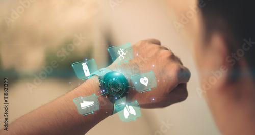 Running man with smartwatch. smartwatch that displays various health and fitness information. The watch shows that the person is currently running. concept technology to check health while exercising