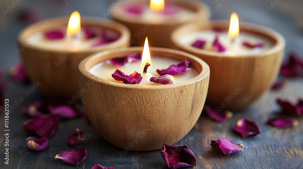 Relaxing evening ambiance created by small wooden bowls filled with candles and rose petals Relaxing evening ambiance created by small wooden bowls filled with candles and rose petals