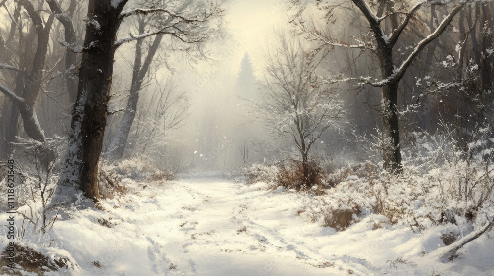 Obraz premium Tranquil snowy forest path in winter
