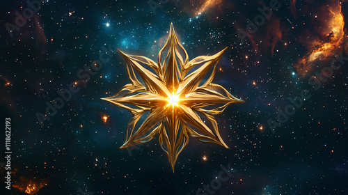 Golden mandala symbol with a glowing eight-pointed star in the center, set against a cosmic background of nebulae and stars. Stellar. Illustration photo