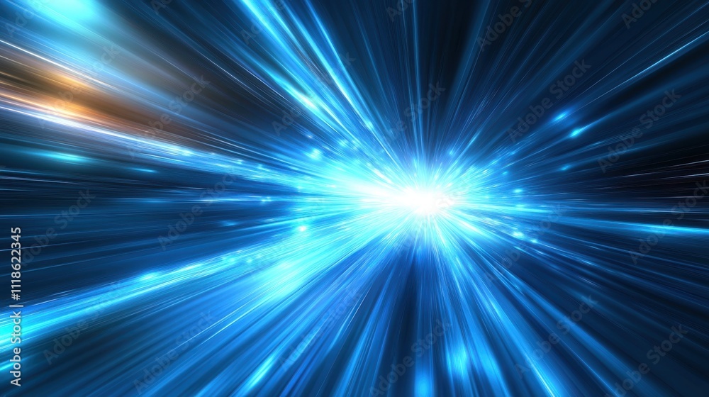 Blue light beams flash across a dark canvas, creating an energetic and abstract display of movement