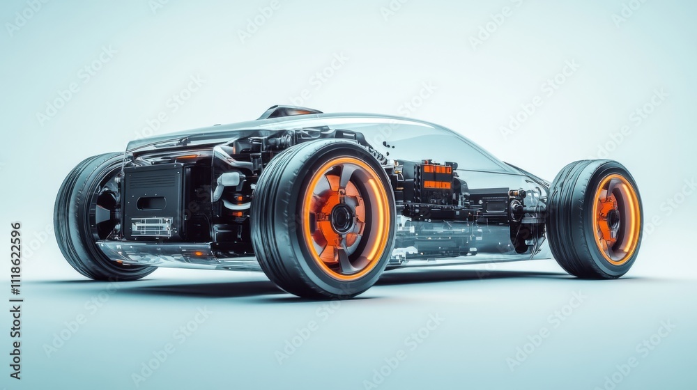 Transparent car showcasing internal components and battery Transparent car showcasing internal components and battery