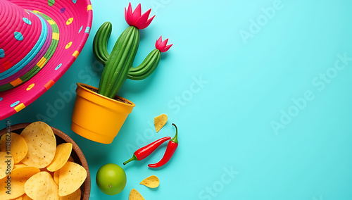 Colorful celebration items like hats, a potted cactus, serape, lime, spicy peppers, and nachos are arranged on a soft pastel blue background._00001_
