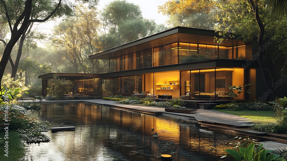 Obraz premium Expansive modern mansion with glass walls and minimalist design blending seamlessly into the landscape depicted in photorealism