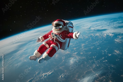 Santa Claus astronaut, floating in space around the earth.