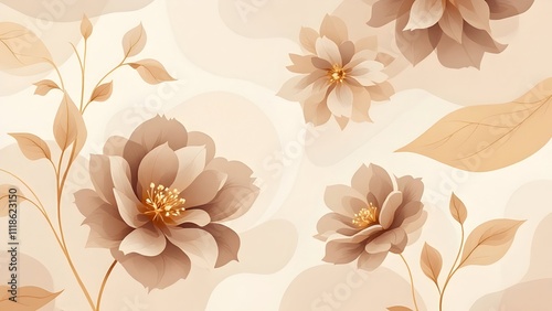 Wallpaper Mural  floral pattern with mocha-toned flowers and leaves on a beige background, elegant and decorative design, ideal for wallpapers, textiles, or invitations Torontodigital.ca