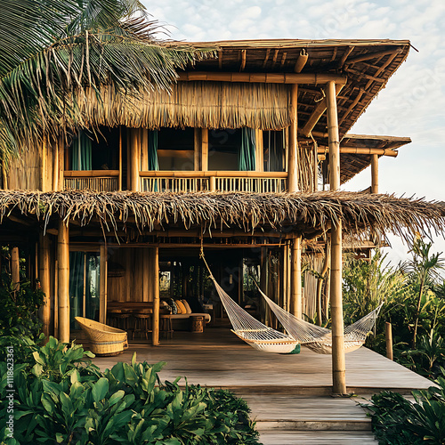 A tropical beach house with bamboo walls, a thatched roof, and hammocks hanging on the porch photo