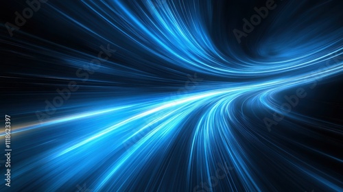 Blue light beams flash across a dark canvas, creating an energetic and abstract display of movement