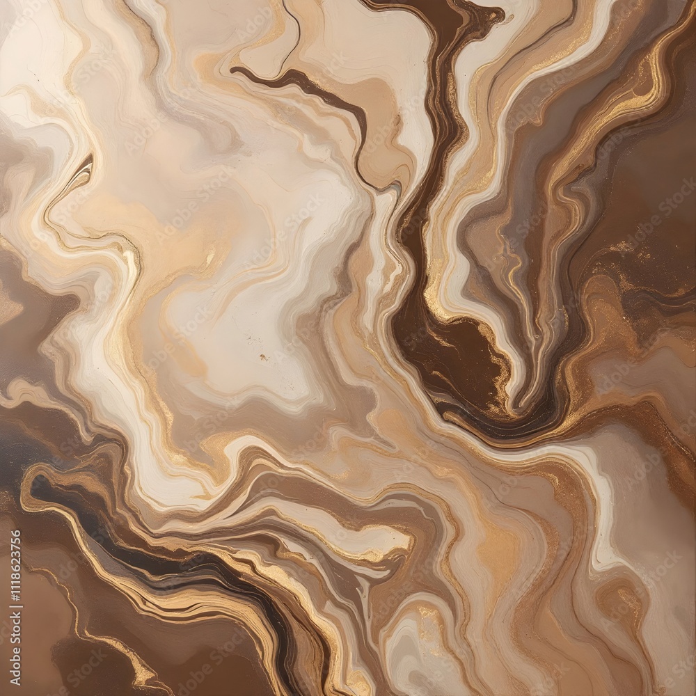 Obraz premium Abstract marbled design in mocha and beige tones with golden accents, fluid and artistic background, ideal for wallpapers, posters, or luxury branding