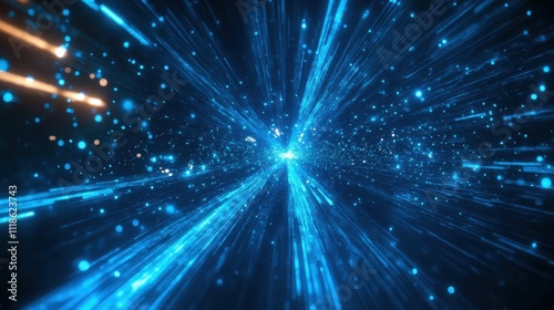Blue light beams flash across a dark canvas, creating an energetic and abstract display of movement
