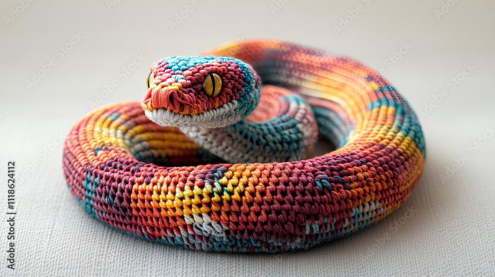 Colorful crocheted snake is curled up on a white surface Colorful crocheted snake is curled up on a white surface