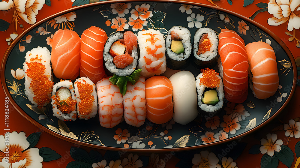 A Stunning Aerial Presentation of a Sushi Platter with Nori and Traditional Garnishments A Stunning Aerial Presentation of a Sushi Platter with Nori and Traditional Garnishments