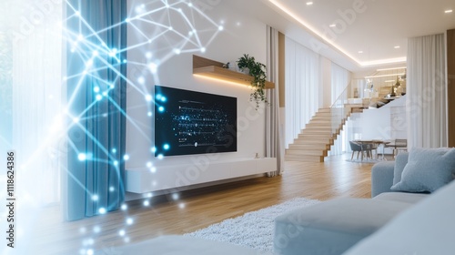 Modern smart home interior with network connection visualization on TV screen.