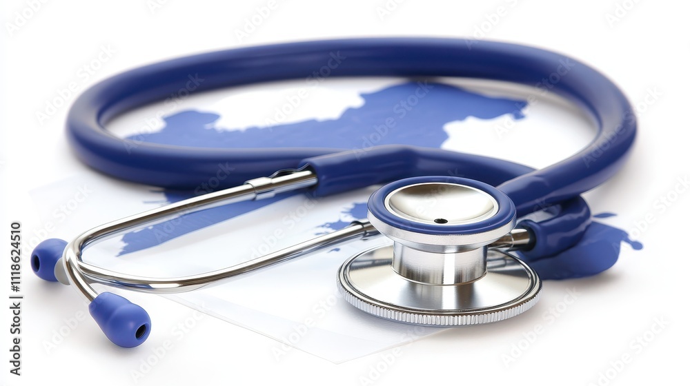 Blue stethoscope over a map, healthcare concept. Blue stethoscope over a map, healthcare concept.