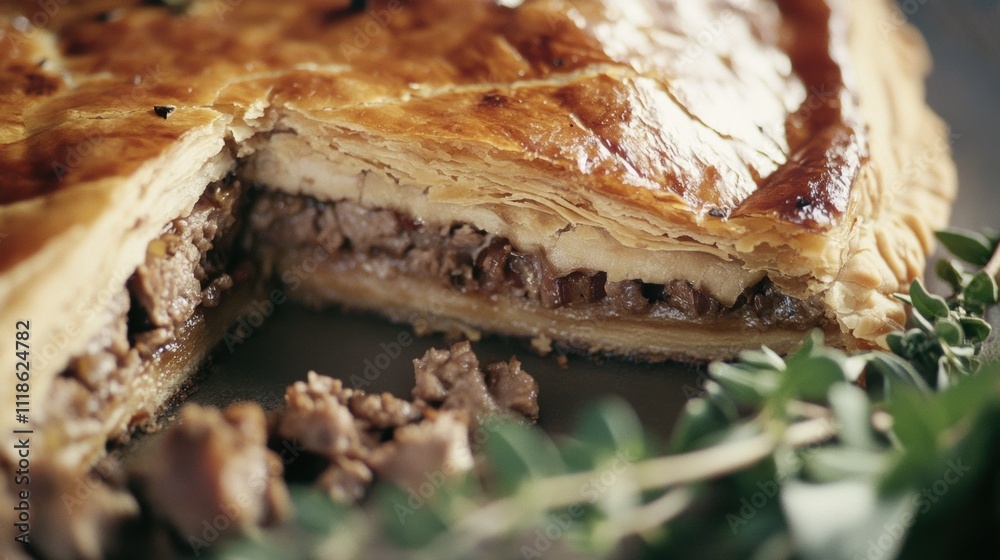 Close-up of a French pâté en croûte with a golden, flaky pastry crust filled with seasoned meat and delicate herbs, served on an elegant plate, showcasing rich textures and gourmet details. Close-up of a French pâté en croûte with a golden, flaky pastry crust filled with seasoned meat and delicate herbs, served on an elegant plate, showcasing rich textures and gourmet details.