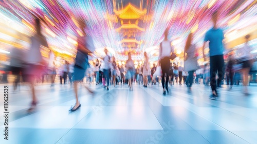 Blurred motion of a large crowd of people rushing through a city street at night. Vivid colorful light trails from motion blur.