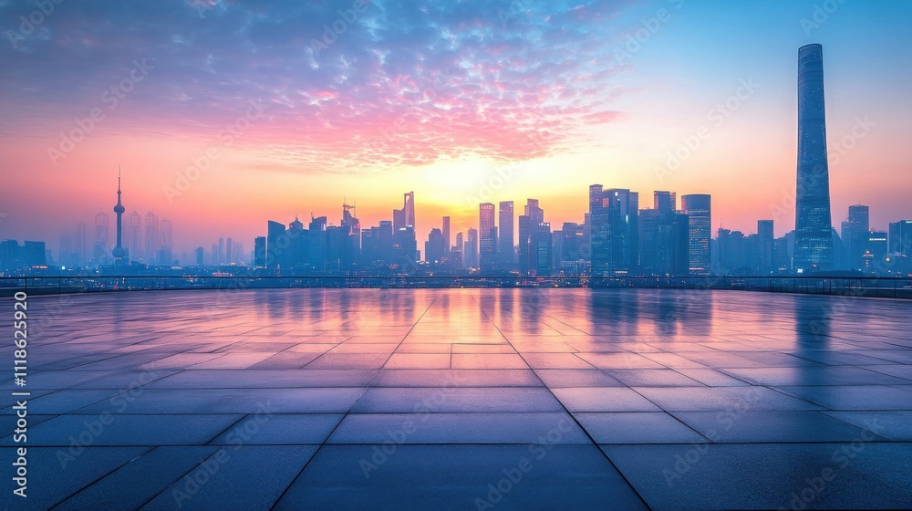 Bright city skyline at dawn with an empty square space and a sleek futuristic bridge Bright city skyline at dawn with an empty square space and a sleek futuristic bridge
