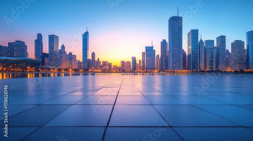 Bright city skyline at dawn with an empty square space and a sleek futuristic bridge