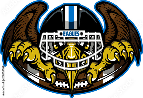 eagle mascot wearing football helmet and half ball for school, college or league sports