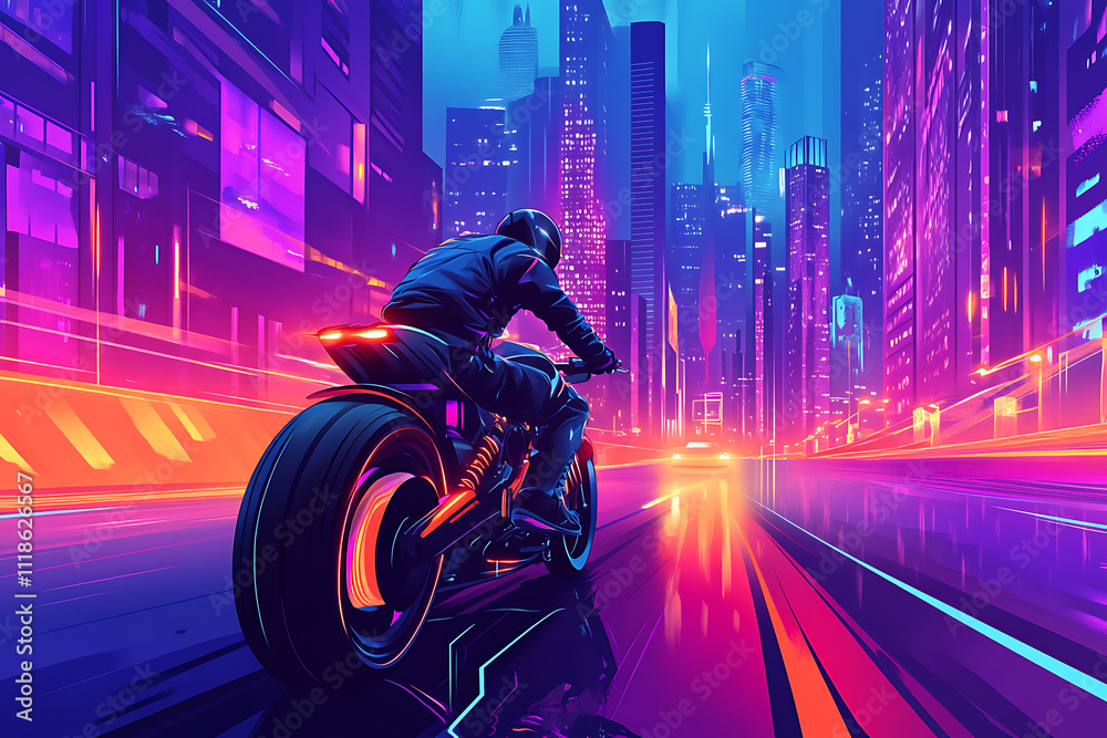 A futuristic scene of a rider on a motorcycle in a vibrant, neon-lit cityscape. A futuristic scene of a rider on a motorcycle in a vibrant, neon-lit cityscape.
