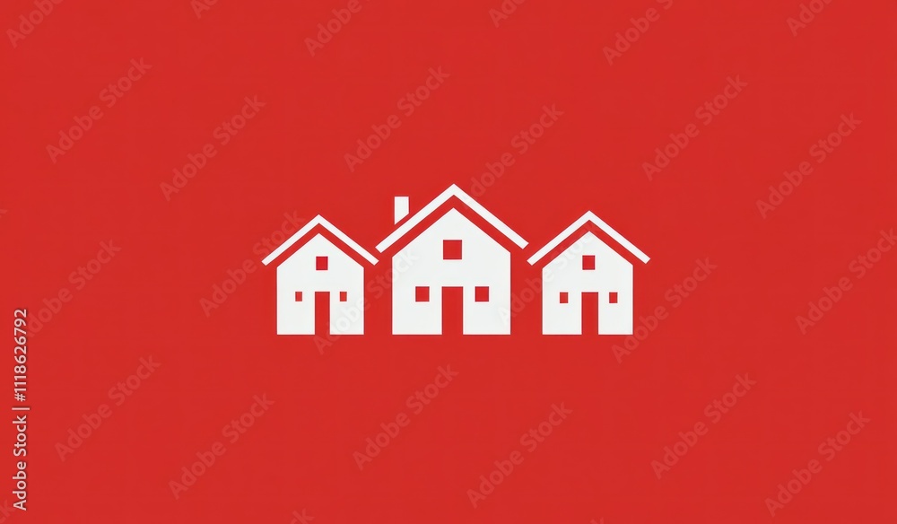 Three White Houses on Red Background Three White Houses on Red Background