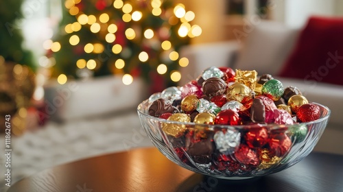 A festive candy bowl filled with Christmas treats