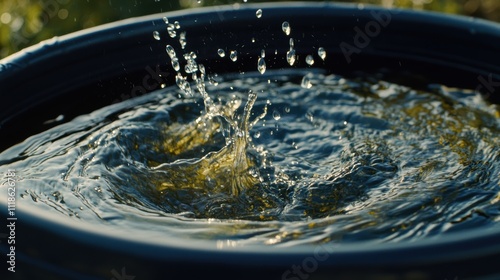 Water splashing into a dark-colored rain barrel.