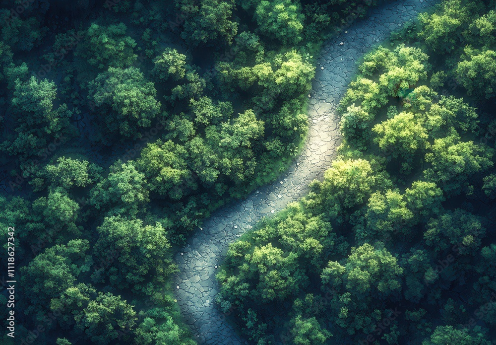 Serene Aerial View of Winding Path Through Dense Forest Showcasing Vibrant Green Foliage and Natural Landscape Beauty Serene Aerial View of Winding Path Through Dense Forest Showcasing Vibrant Green Foliage and Natural Landscape Beauty