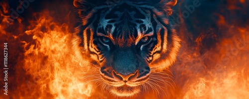 Tiger Closeup on a Dark Fiery Background, Generative AI