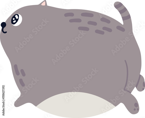 Chubby gray cat running and looking up, featuring a striped tail and light gray belly, perfect for children's books and playful pet product branding
